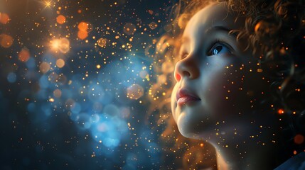 Capture the innocence of a child in a tilted angle view, surrounded by dynamic particles in vivid motion Traditional or digital medium Inspire joy and wonder