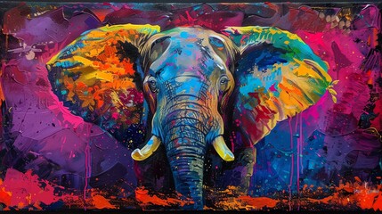 Capture the majestic presence of an elephant in a tilted angle view using vibrant tie-dye colors to give it a psychedelic twist, in a vibrant acrylic painting
