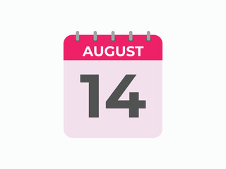 August 14 calendar reminder. 14 August daily calendar icon template. Calendar 14 August icon Design template. Vector illustration
