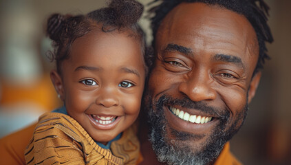 A afro american dad and his child , they are happy and smiling  in their living room.