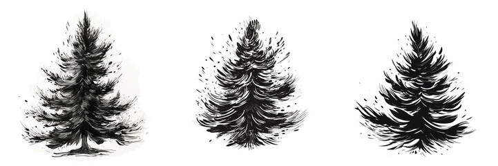 set of three clipart black and white silhouettes of christmas pine trees tattoo ink style on white background, 