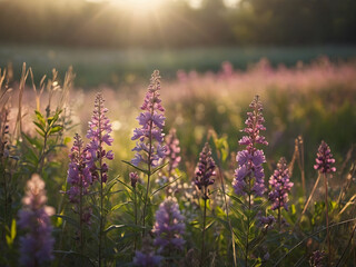 Summer's Symphony, Meadow Alive with Pink Wildflowers and Lilac Blossoms, Illuminated by Morning Sunlight.