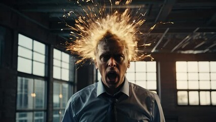 Man in a business shirt tie exploding head. The concept of mental overload, busyness, stress at work, brain drain