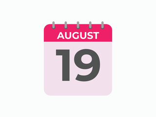 August 19 calendar reminder. 19 August daily calendar icon template. Calendar 19 August icon Design template. Vector illustration
