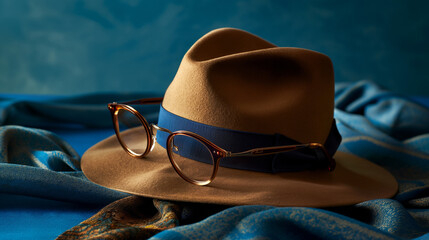A dignified Father's Day display showcasing a classic fedora hat, elegant wire-frame glasses, and a sophisticated silk tie against a rich blue background
