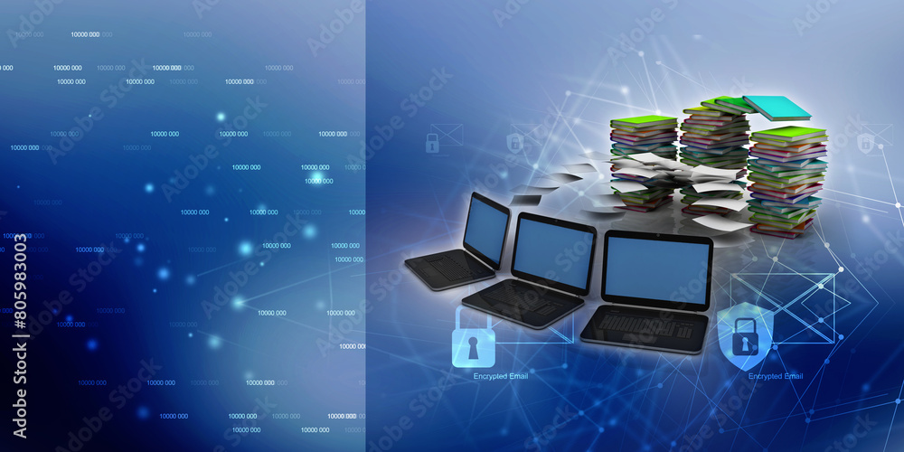 Poster 3d rendering technology computer network with book