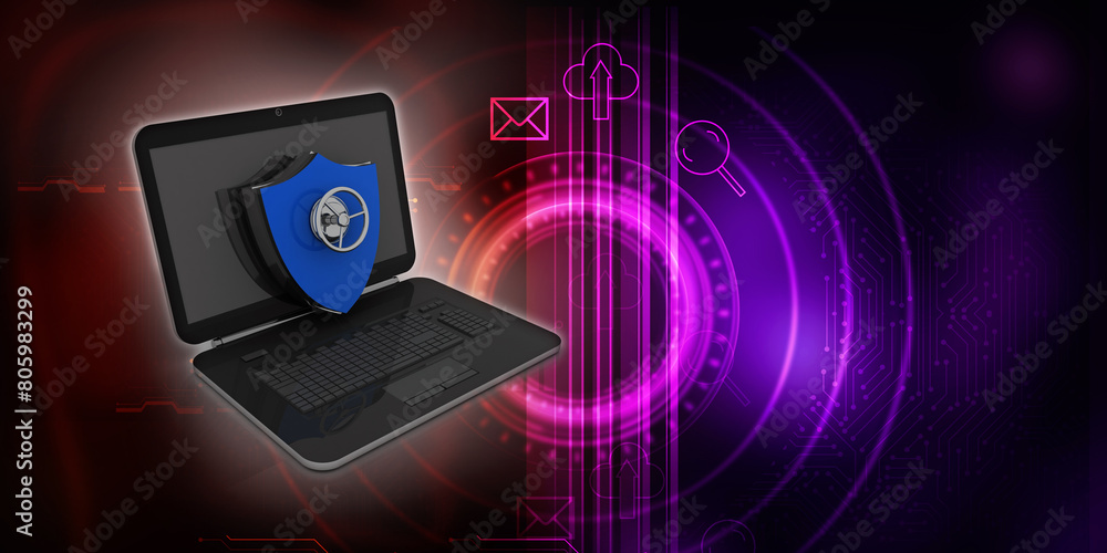 Poster 3d rendering laptop with shield