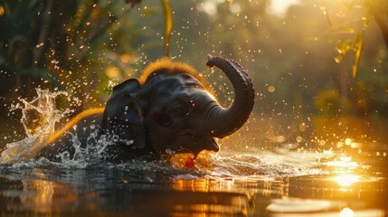 Joyful Bath: Young Elephant Splashing at Sunset