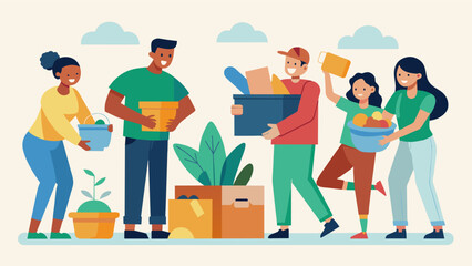 The satisfaction of decluttering and finding new treasures as community members share their items and declutter their homes at the same time during. Vector illustration