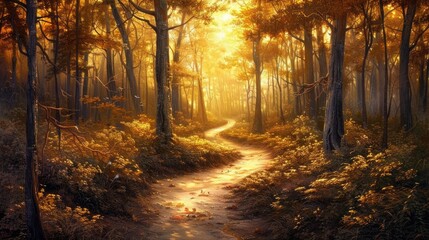 A winding path leading through a dense forest bathed in golden sunlight, inviting introspection and connection with nature.
