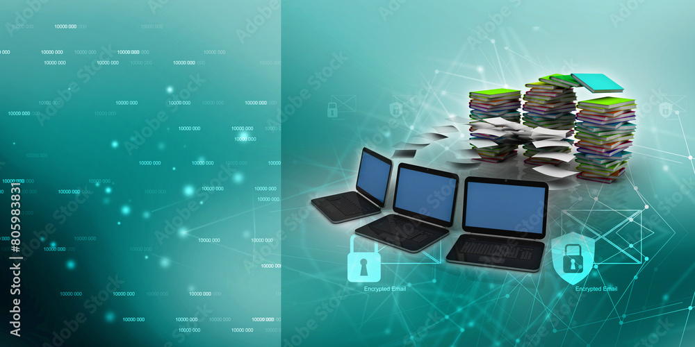 Poster 3d rendering technology computer network with book