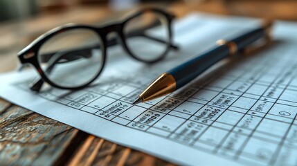 The concept of performance evaluation. Glasses and a pen on top of a tax form.