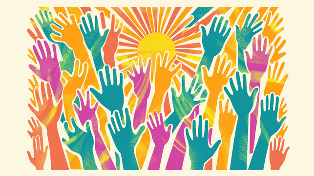 a contemporary setting with clean lines and minimalist decor, a modern Juneteenth design illustration showcases silhouettes of hands in vibrant hues