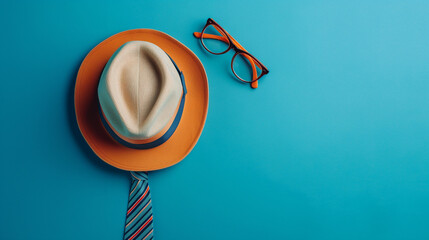 Against a lively blue backdrop adorned with geometric patterns, a playful Father's Day setup showcases a jaunty fedora hat, oversized square glasses