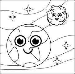 Coloring page. Earth, Moon in space. Black and white space. Vector.