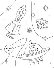 Coloring page. Rocket and flying saucer in space. Black and white space. Vector