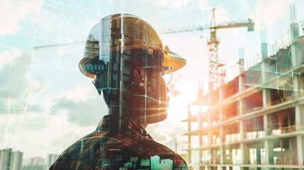 Construction and engineering concept with young male engineer wearing hard hat in double exposure at construction site