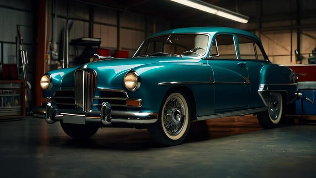 Oldtimer car in garage workshop background