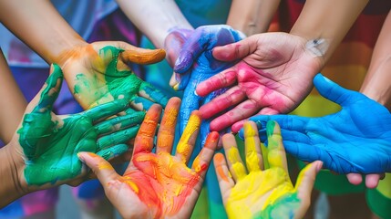 Diverse group of people with their hands painted in the rainbow flag colors. LGBT concept image