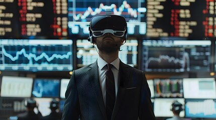 A man wearing a suit and tie, standing in a room with multiple screens displaying financial data. He is wearing a virtual reality headset, and there is a graph on the screen in front of him.