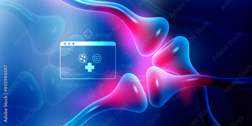 Poster 3d rendering synapse and neuron cells sending electrical chemical signals