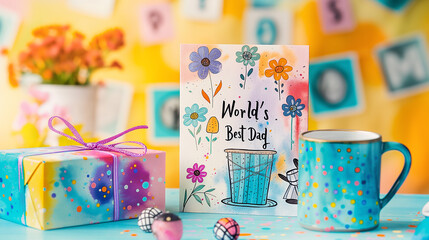 A Father's Day holiday greeting card featuring fun doodles, positioned alongside a colorful present box and a cheerful mug with a World's Best Dad inscription
