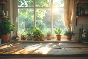 Kitchen interior with plants in pots on the windowsill and sunlight