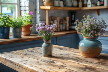Flowers in vases on a wooden table in the cozy kitchen.