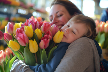 A smiling woman embraces a young child who appears to be asleep on her shoulder, while holding a large bouquet of colorful tulips.