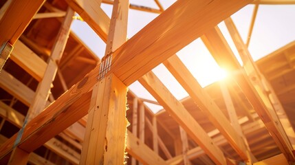 New development, wooden framing close-up, natural wood grain, bright sunlight 