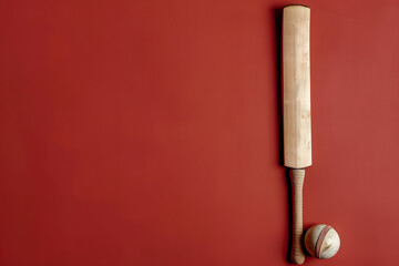 A cricket ball and bat, representing the sport's tradition, against a game day maroon background with copy space for match schedules or player profiles