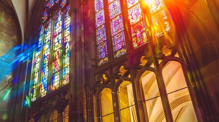 Gothic cathedral, stained glass window close-up, vibrant colors, sunlight streaming 