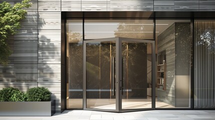 Modern pivot door with a glass panel and brushed metal frame
