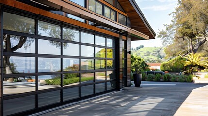 Glass garage door with black metal framing for a modern industrial look