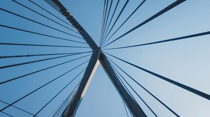 Fototapeta premium Modern bridge, steel cable connections close-up, architectural precision, clear skies 