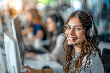 Europe female customer support operator with headset and smiling