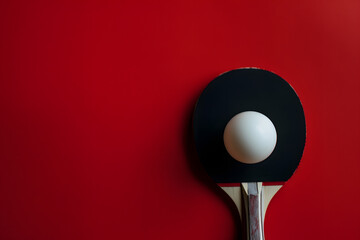 A ping pong ball on a table tennis paddle, set against a competitive play red background with copy space for recreational sports or tournament advertisements - obrazy, fototapety, plakaty