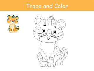 Cute tiger, african animal trace and coloring book or coloring page. Vector illustration