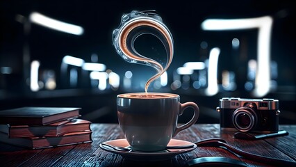 Fototapeta premium Cozy Morning: A Fresh Cup of Coffee on Rustic Wooden Table, Relaxation and Productivity