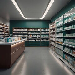 chemist or pharmacy shop interior background. shelves containing various medicines. generative ai