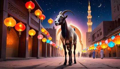 Eid ul adha mubarak theme a goat is standing with a lot of islamic lantern lights in different colours around it behind beautiful view of mosque view and dark night with stars along eid celebrations 