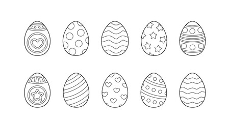 Coloring page with set of Easter eggs. Black and white Easter eggs. Vector