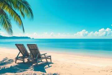 Beautiful tropical beach and sea with chair on blue sky