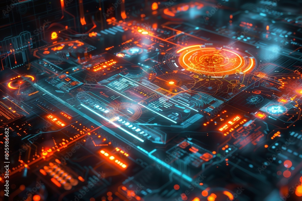 Poster detailed circuitry, intricate layouts suggesting high-level computing power. optical fibers and elec