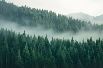 Dense forest with tall pine trees and fog on it