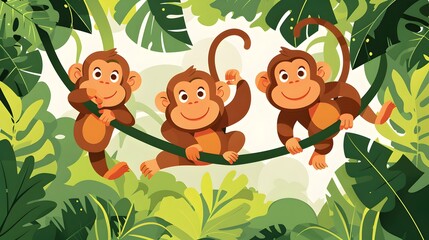 Three playful monkeys enjoying the jungle s greenery