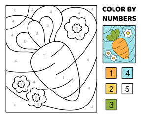 Color by number. Carrot and flowers. Coloring page. Game for kids. Cartoon, vector