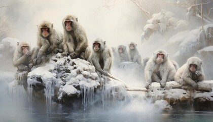 Obraz premium A group of monkeys are sitting on a rock in the middle of a river