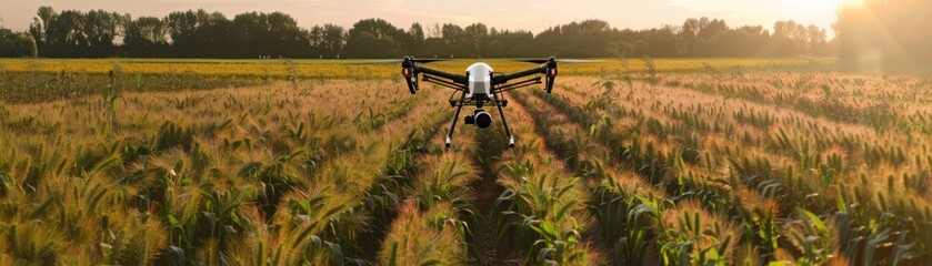 Drone Technology in Precision Agriculture
A drone flies over a lush agricultural field at sunset, showcasing the integration of advanced technology in modern farming practices.
