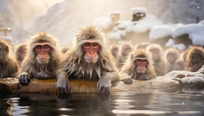 A group of Japanese macaques are sitting in a hot spring